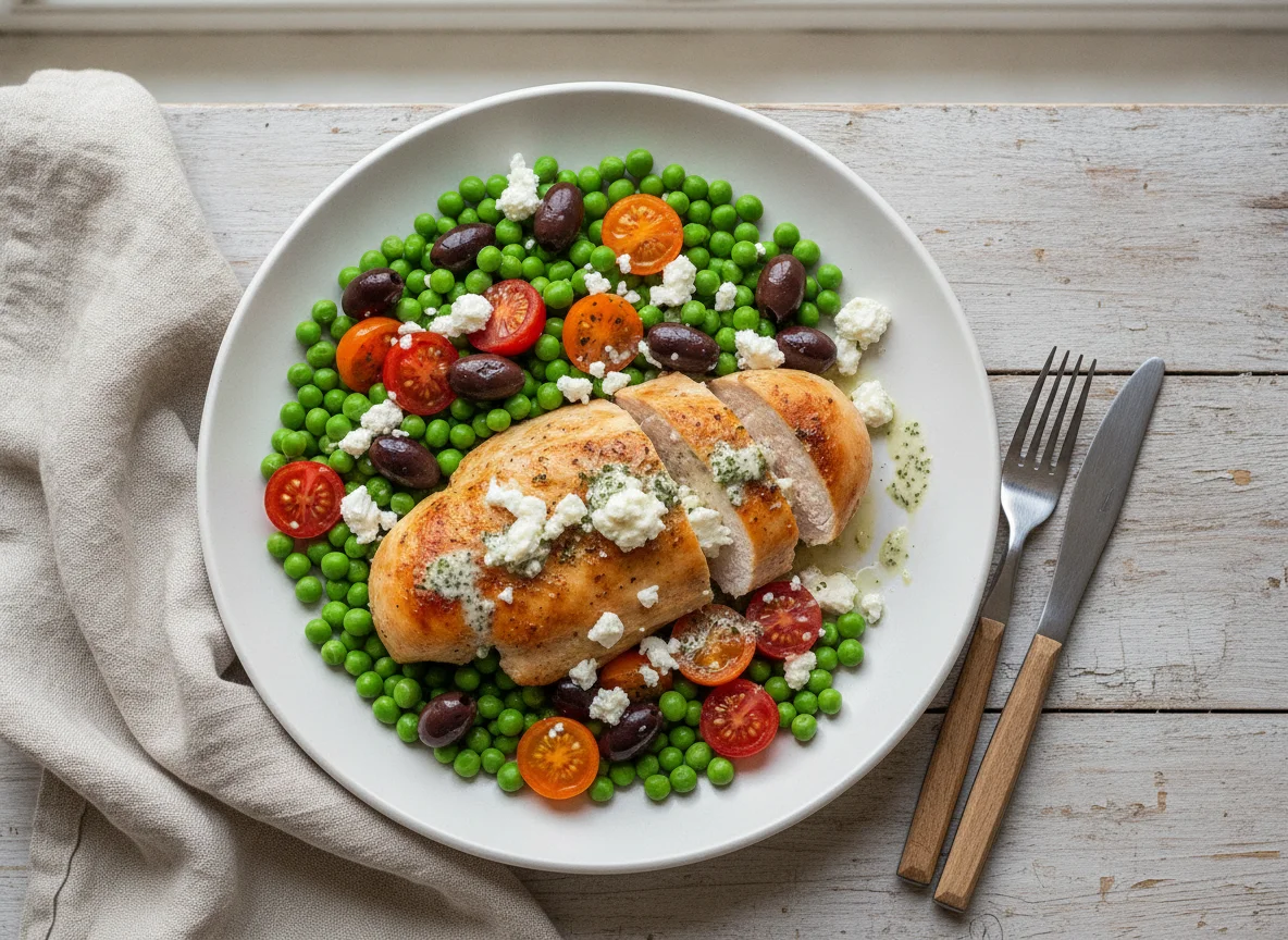 Chicken with peas, tomatoes, and olives photo