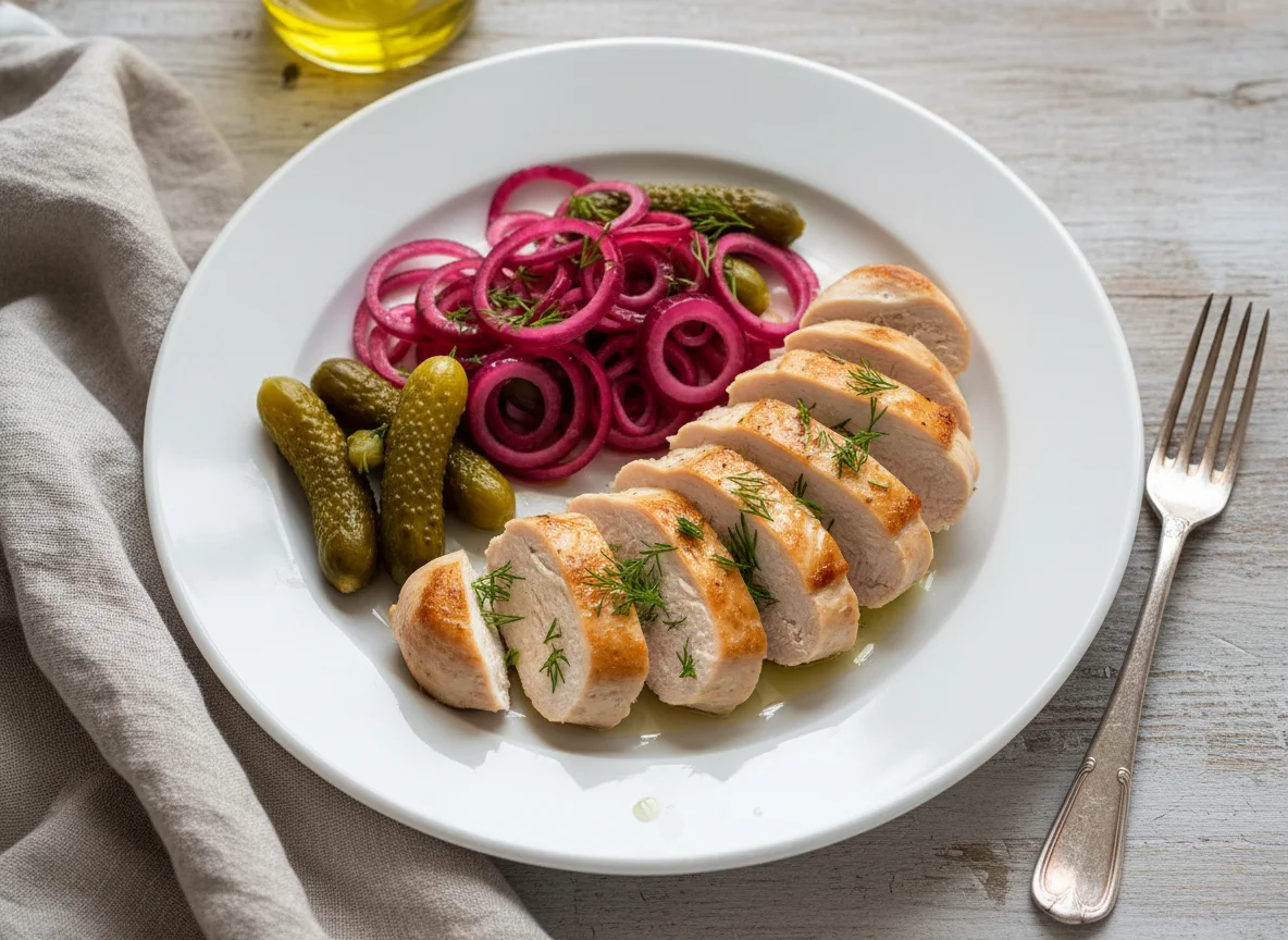 Chicken with pickled onions and gherkins photo