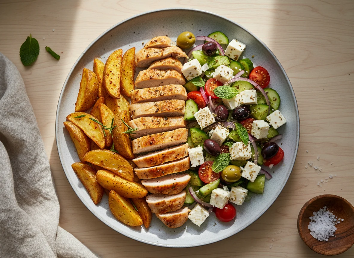 Chicken with Potato Wedges and Feta Salad photo