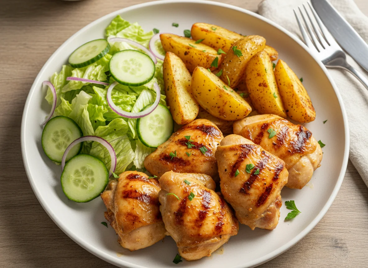 Chicken with Potato Wedges and Salad photo