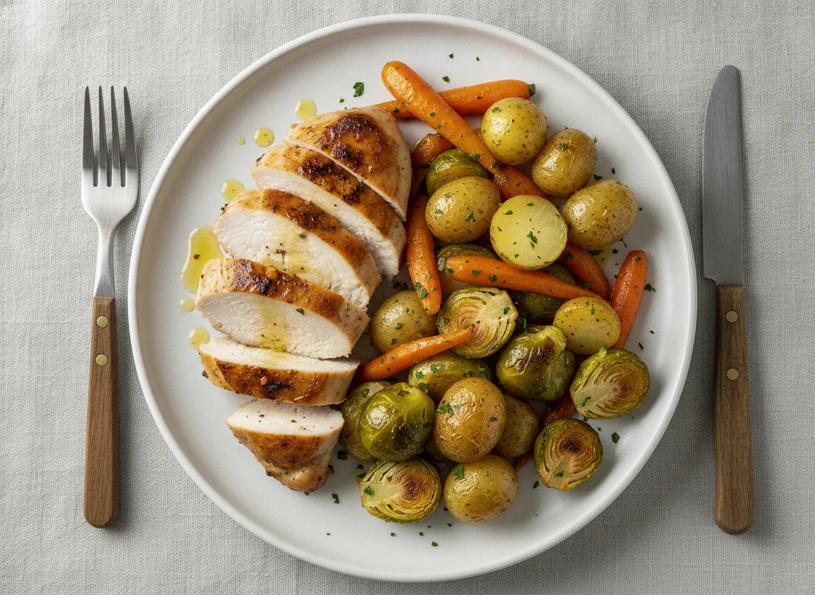 Chicken with potatoes and brussels sprouts photo