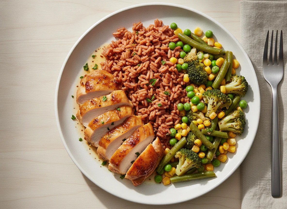 Chicken with Red Rice and Mixed Vegetables photo