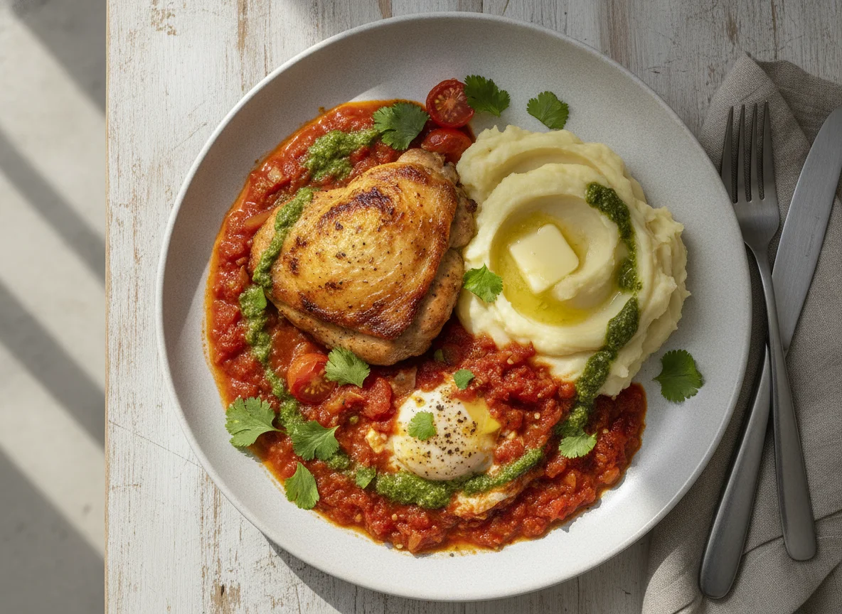Chicken with red shakshuka and mashed potatoes photo