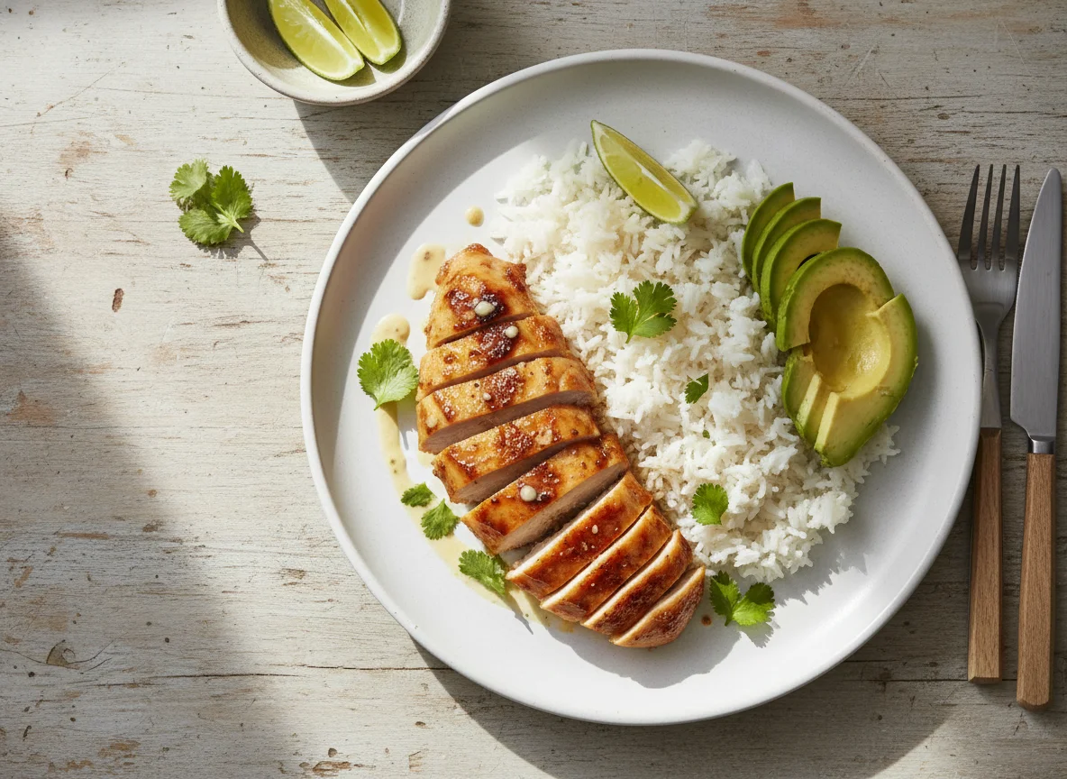 Chicken with rice and avocado photo