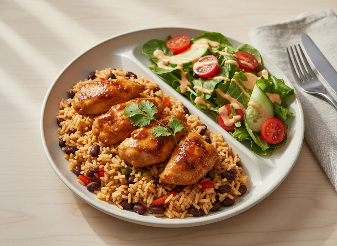 Chicken with Rice and Beans and Side Salad photo