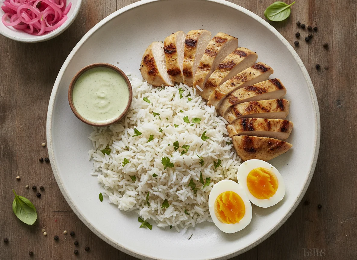 Chicken with Rice and Boiled Eggs photo