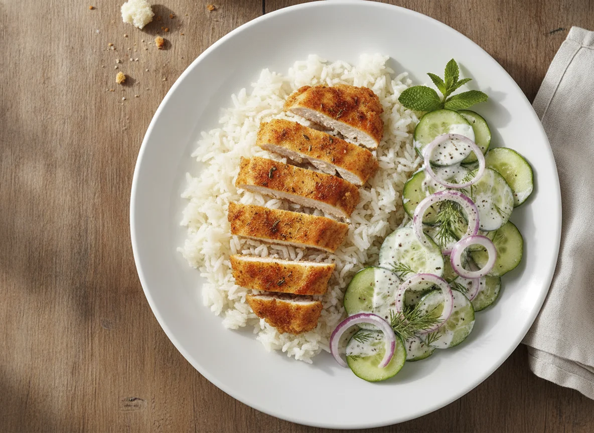 Chicken with rice and cucumber salad photo