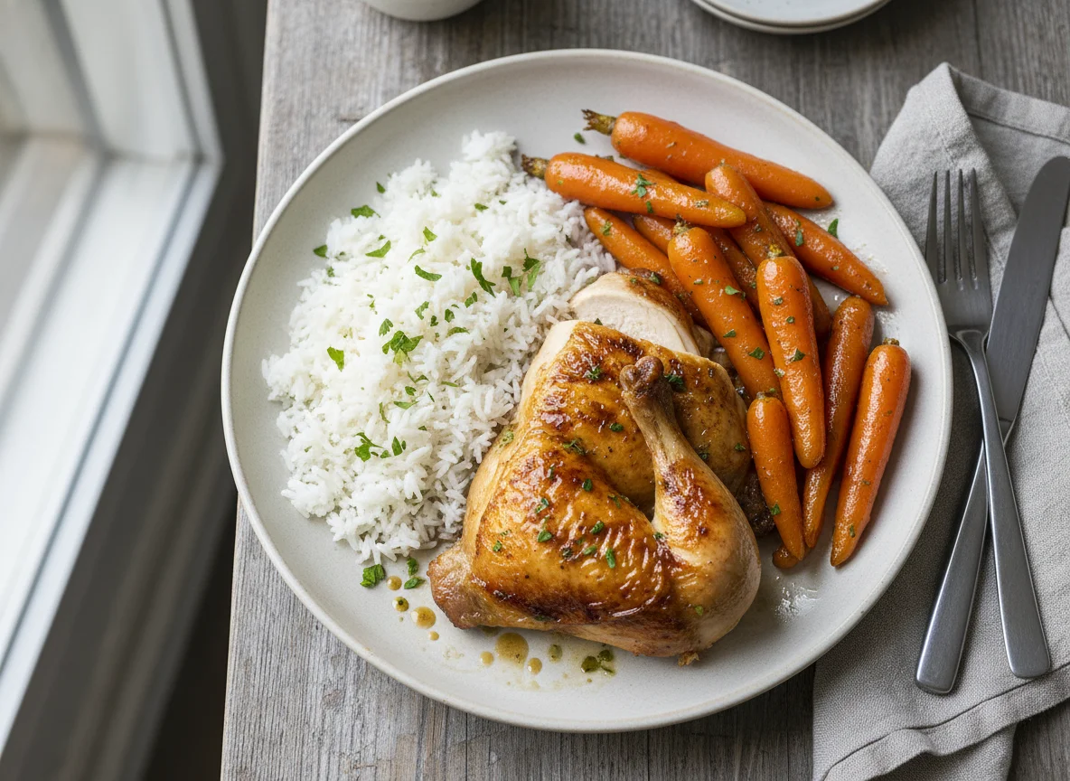 Chicken with rice and glazed carrots photo