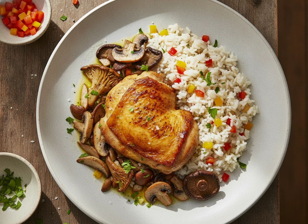 Chicken with rice and mushrooms photo
