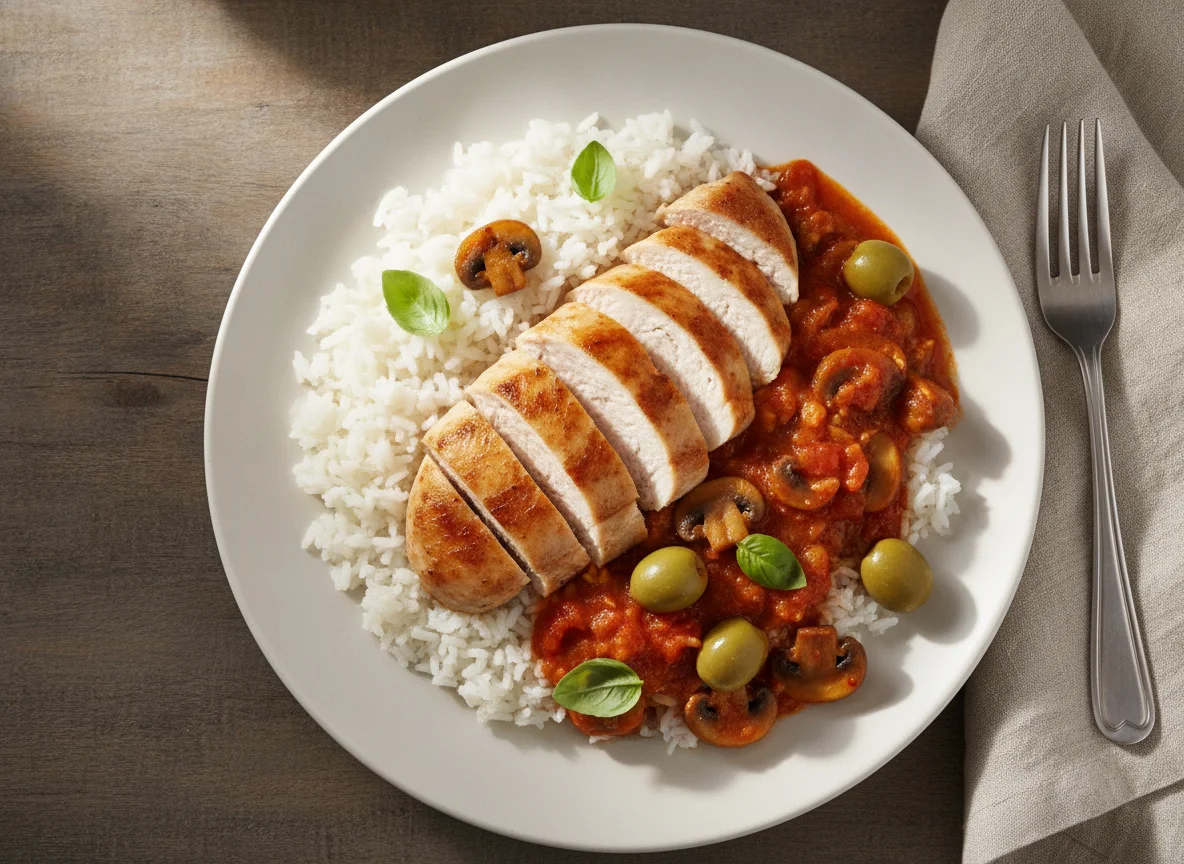 Chicken with rice and mushrooms in tomato sauce photo