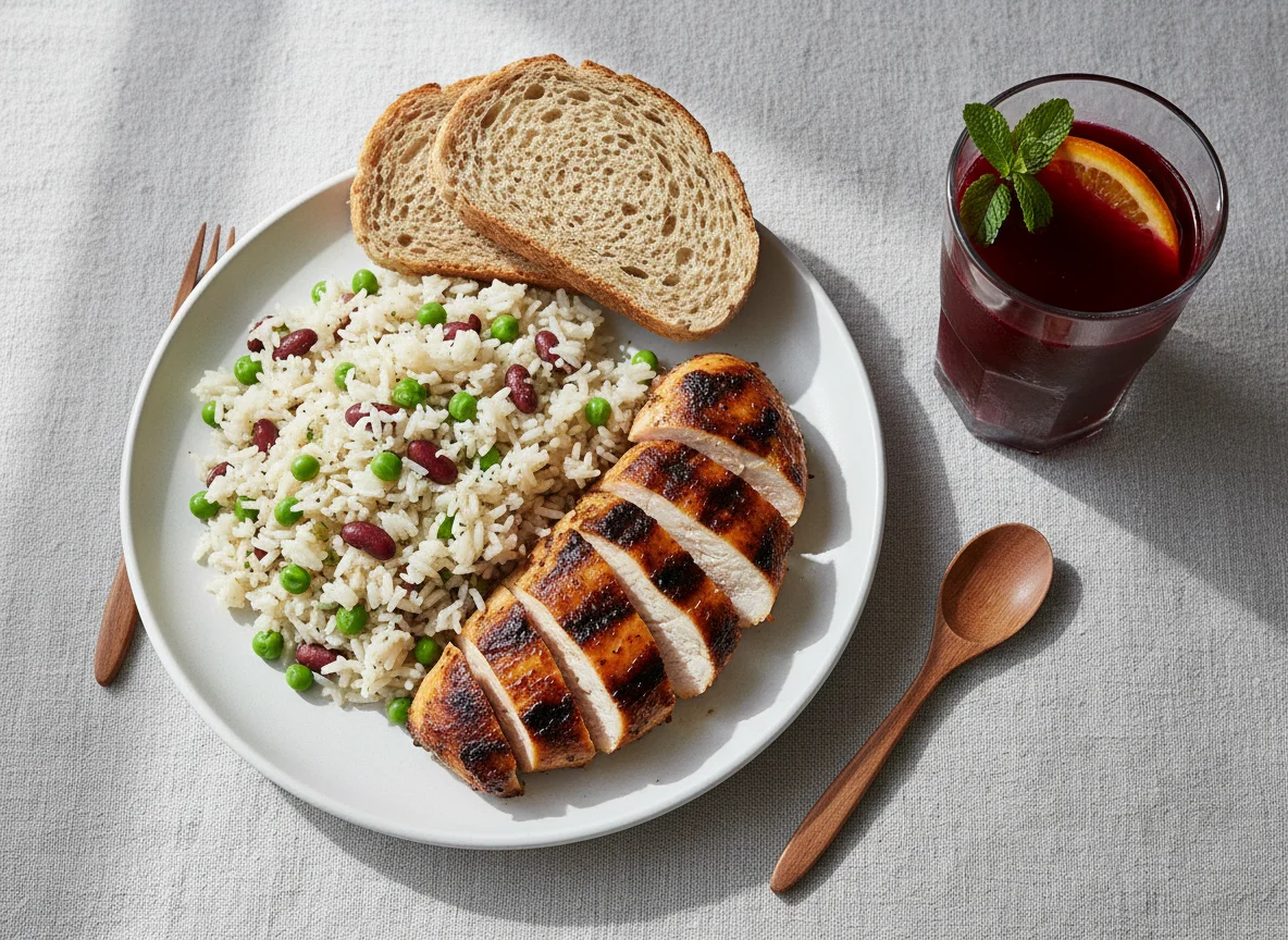 Chicken with Rice and Peas, served with Bread and Beetroot Juice photo