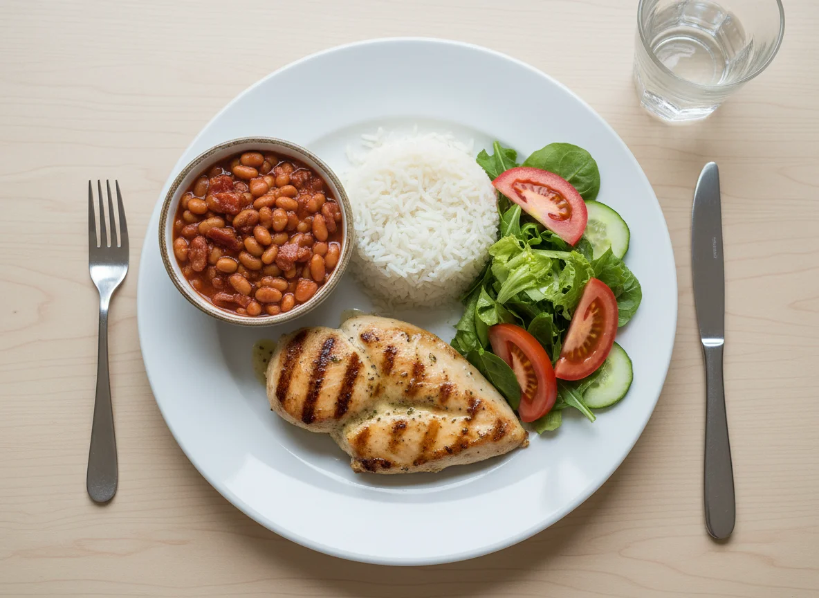 Chicken with Rice, Baked Beans and Salad photo