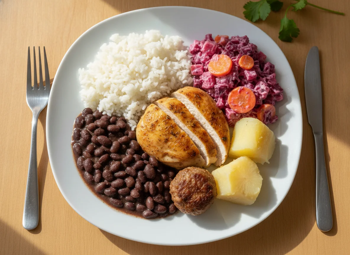 Chicken with Rice, Beans, and Beet Salad photo