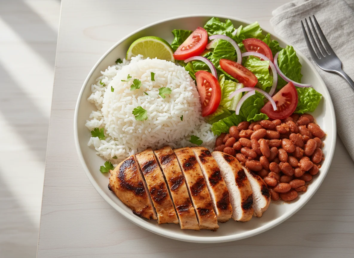 Chicken with Rice, Beans, and Salad photo