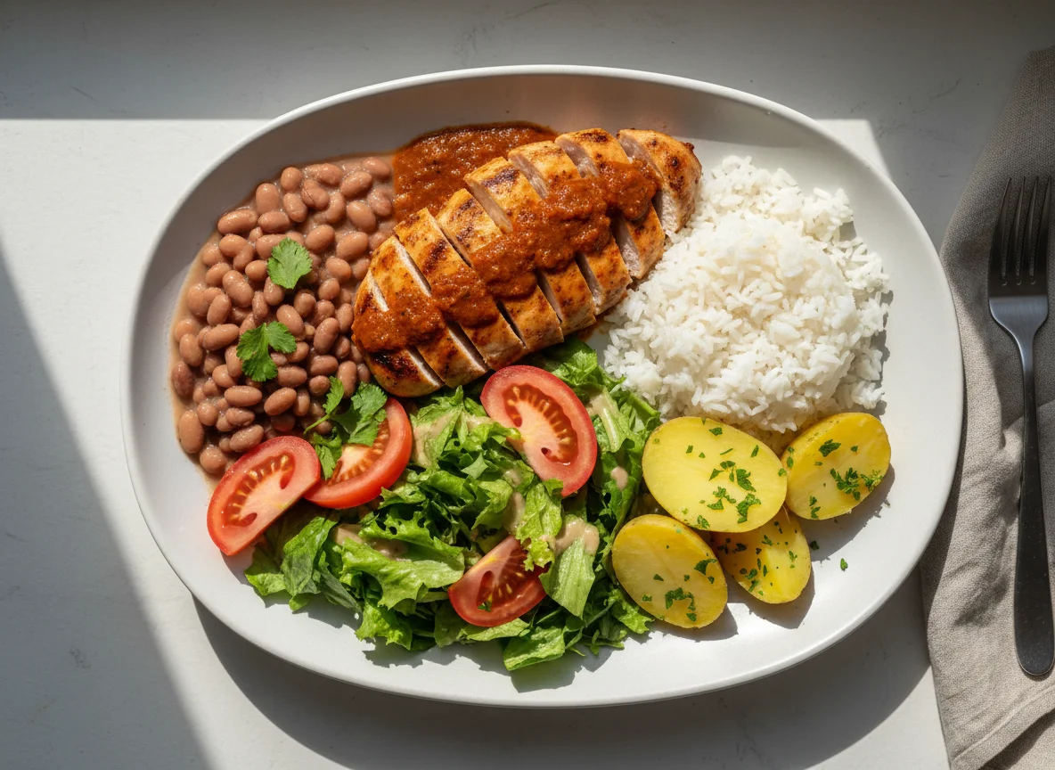 Chicken with Rice, Beans, Salad, and Potatoes photo