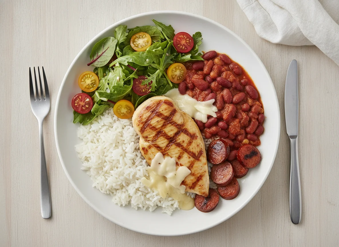 Chicken with Rice, Beans, Sausage and Salad photo