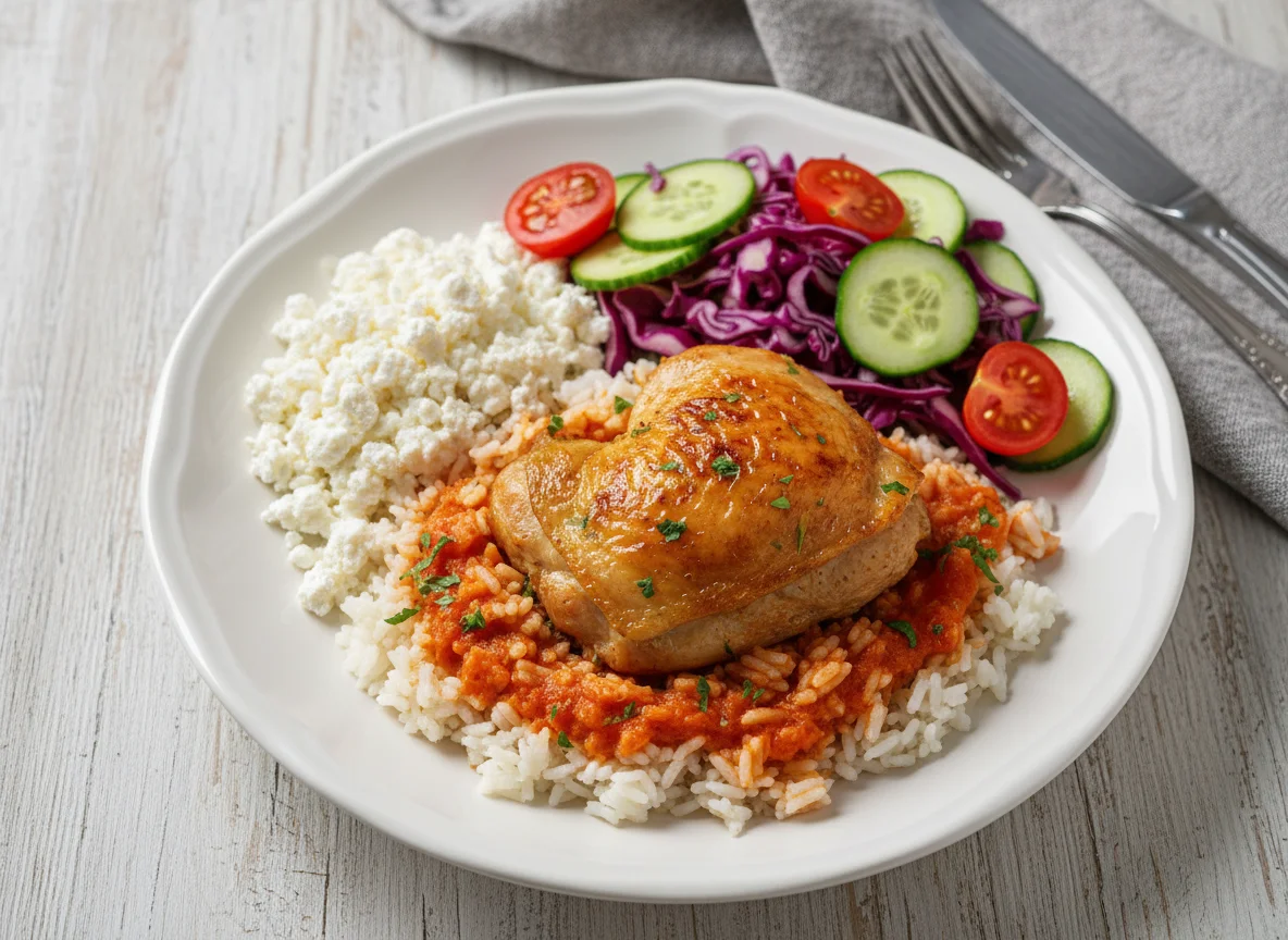 Chicken with rice, cottage cheese and salad photo