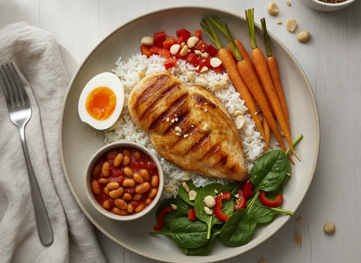 Chicken with rice, egg, and vegetables photo