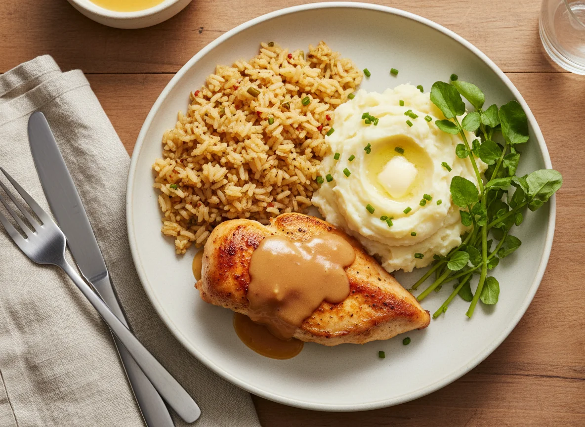 Chicken with Rice, Mashed Potatoes and Watercress photo