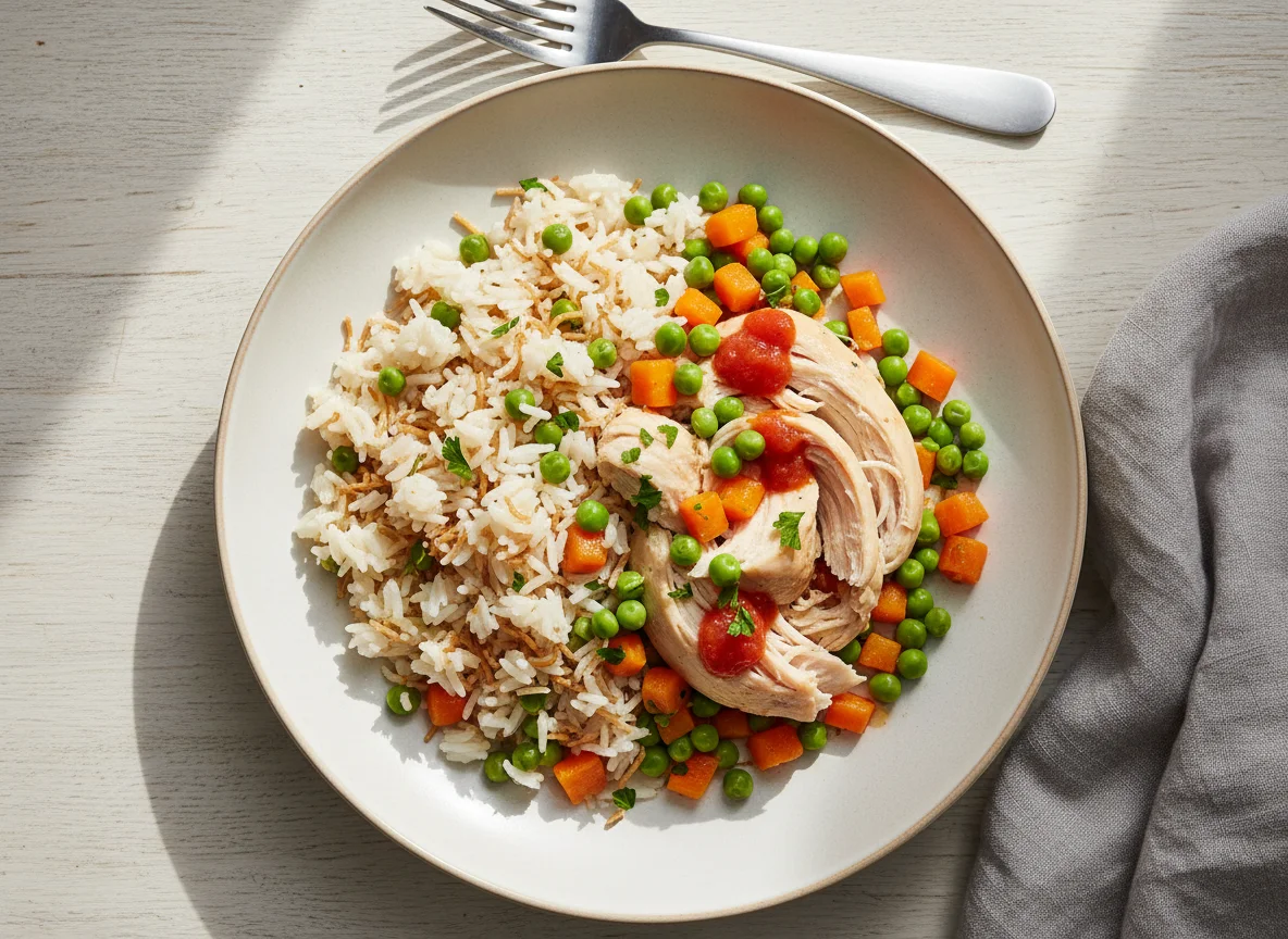 Chicken with Rice, Peas, and Carrots photo