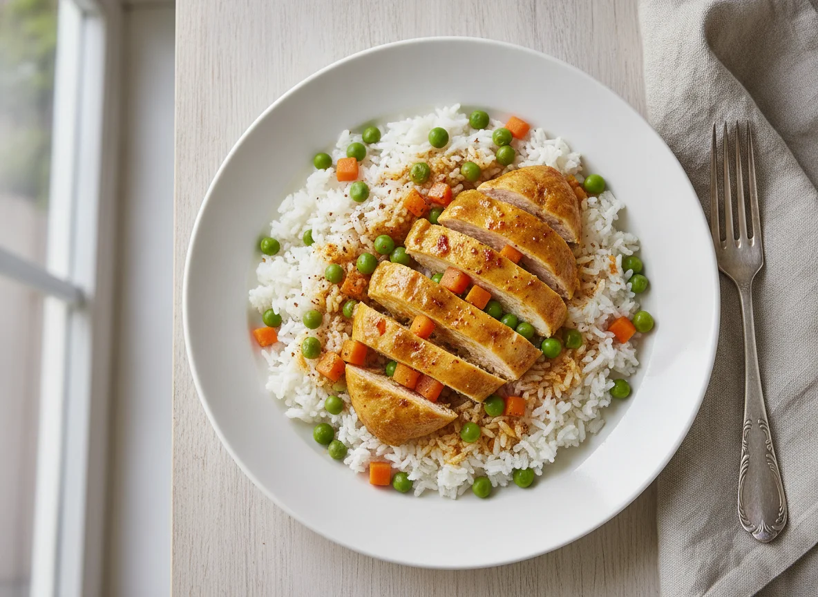 Chicken with rice, peas and carrots photo