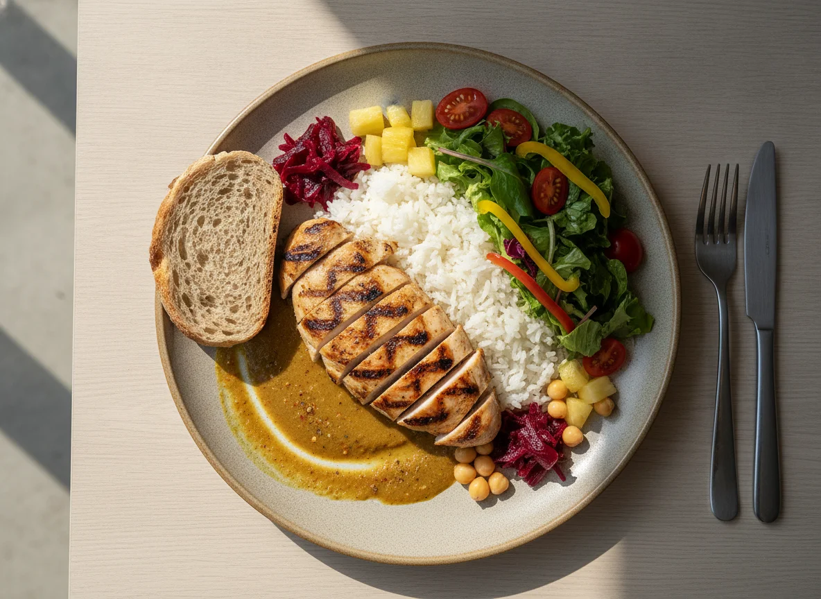 Chicken with rice, salad and curry sauce photo