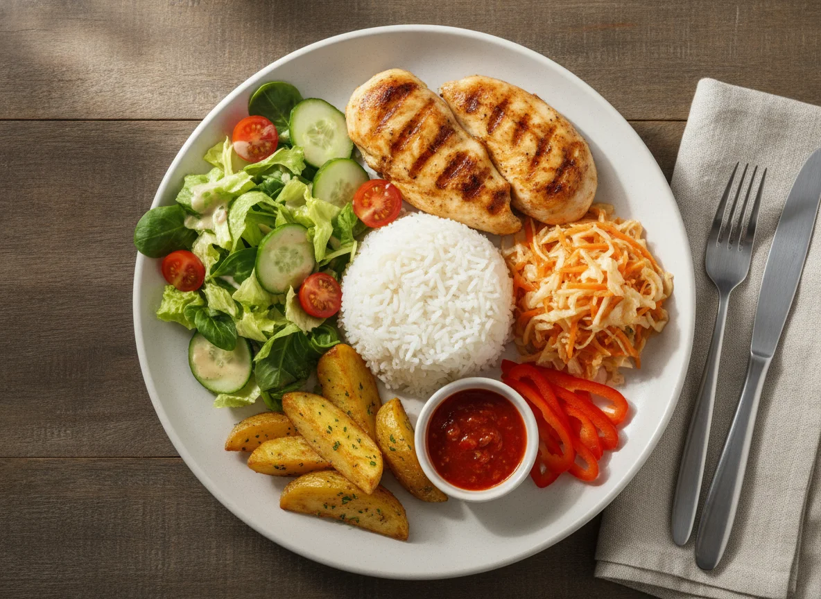 Chicken with rice, salad and pickled vegetables photo