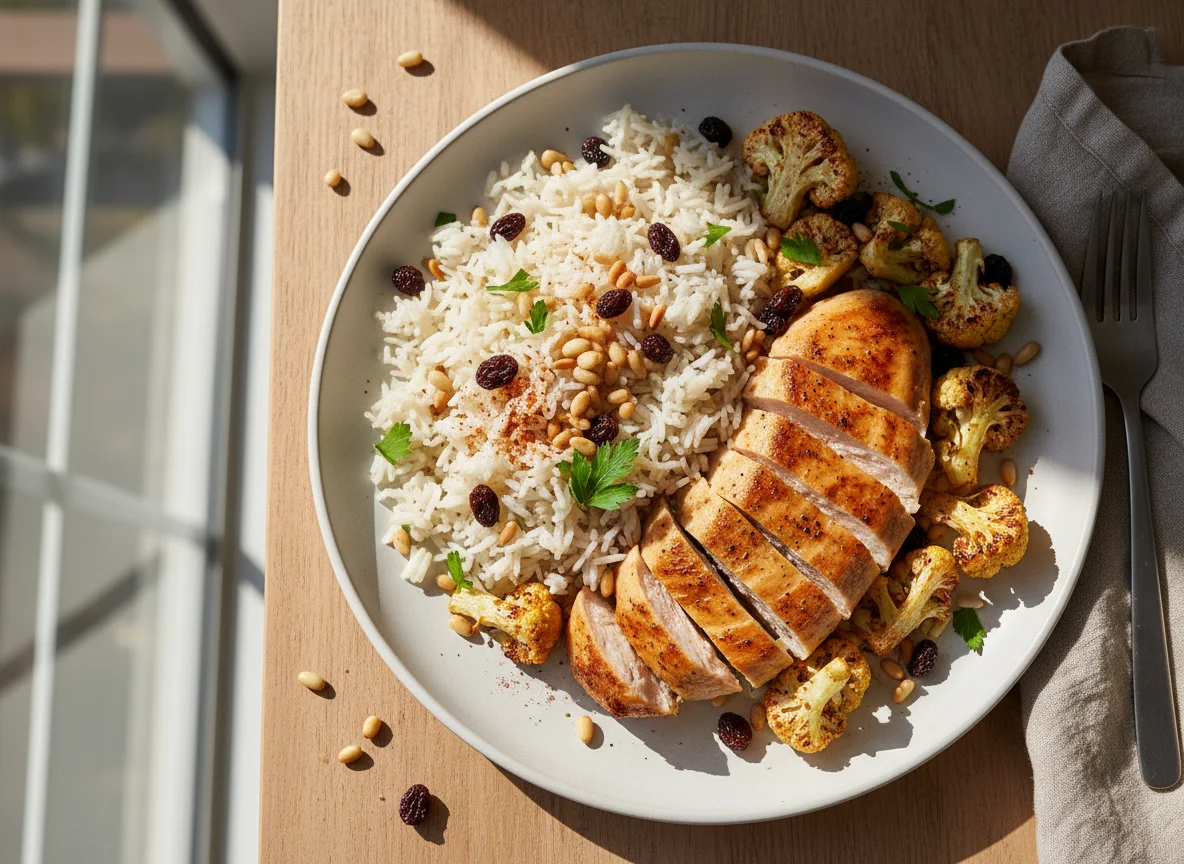 Chicken with Roasted Cauliflower, Rice, Pine Nuts, and Raisins photo