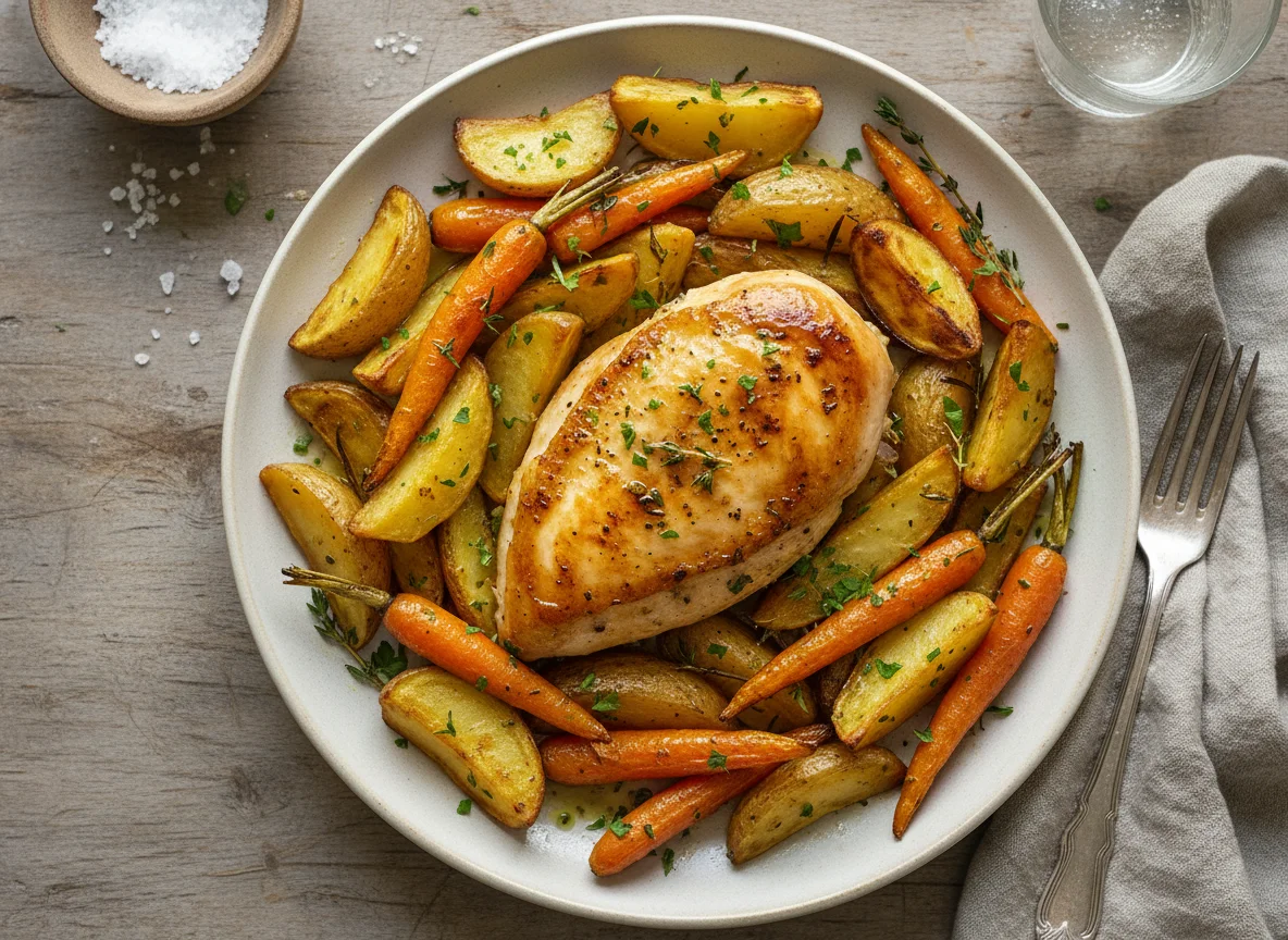 Chicken with roasted potatoes and carrots photo