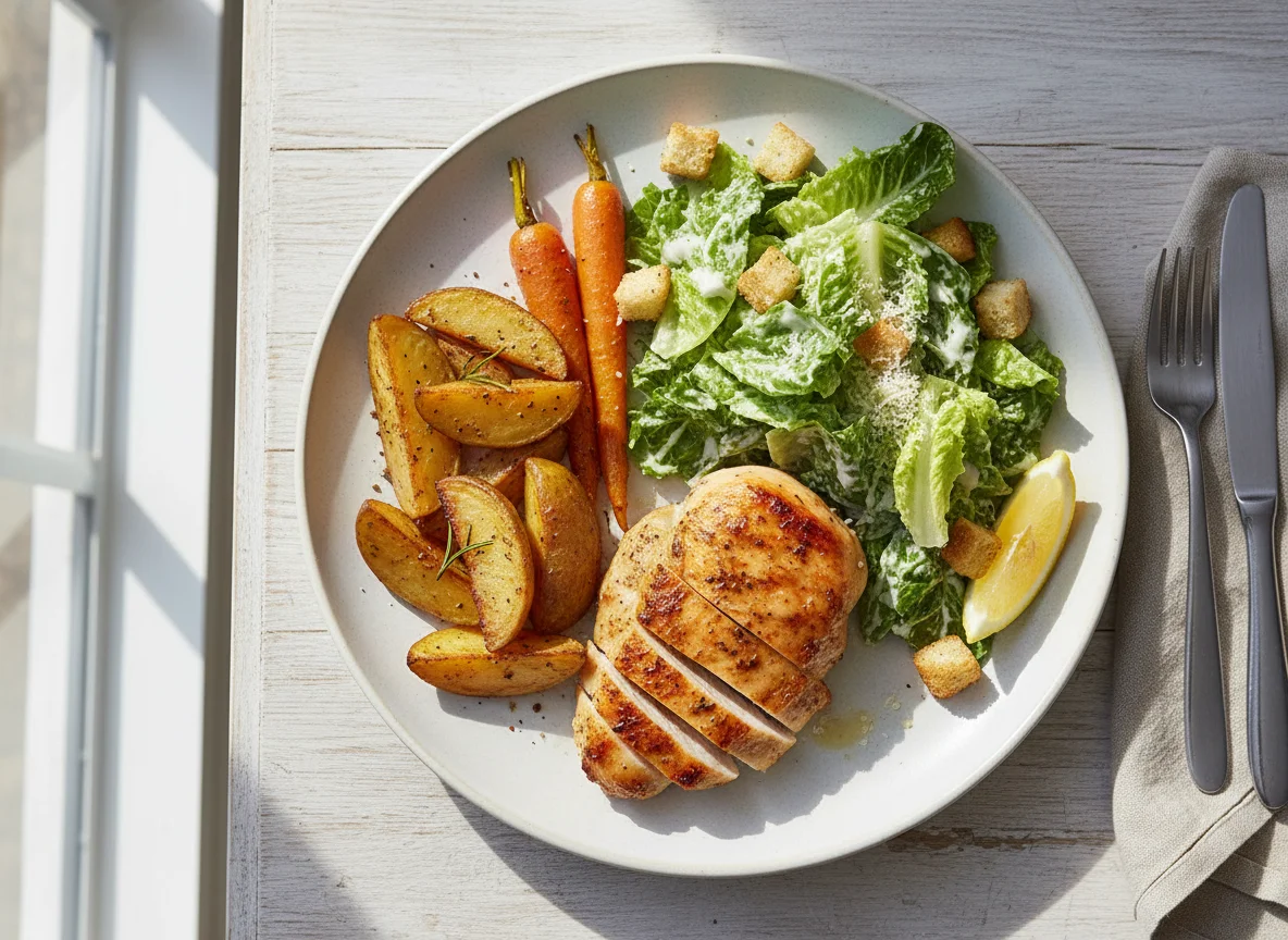 Chicken with Roasted Vegetables and Caesar Salad photo