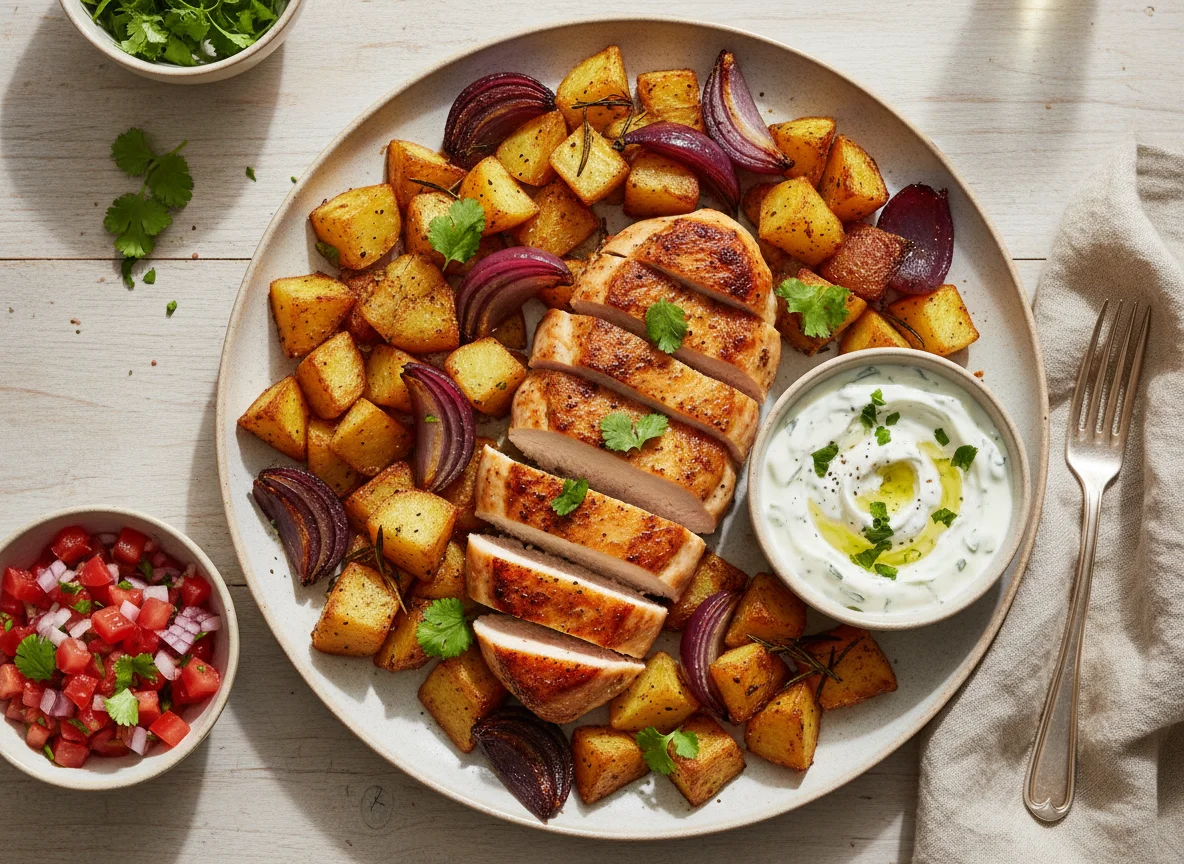 Chicken with roasted vegetables and dips photo