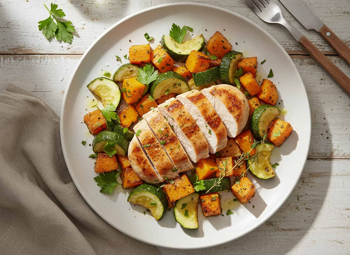 Chicken with Roasted Zucchini and Squash photo
