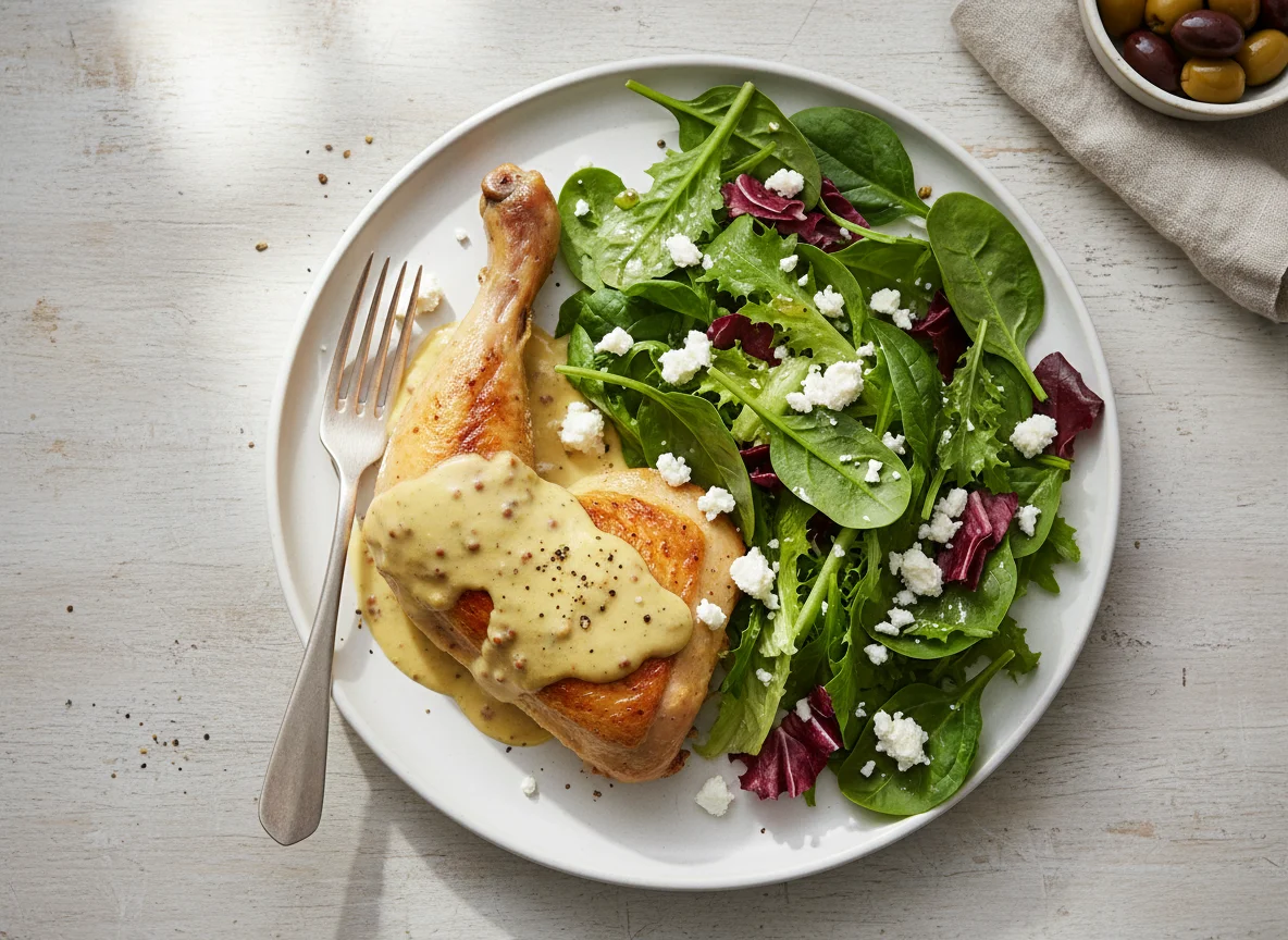 Chicken with salad and cheese photo