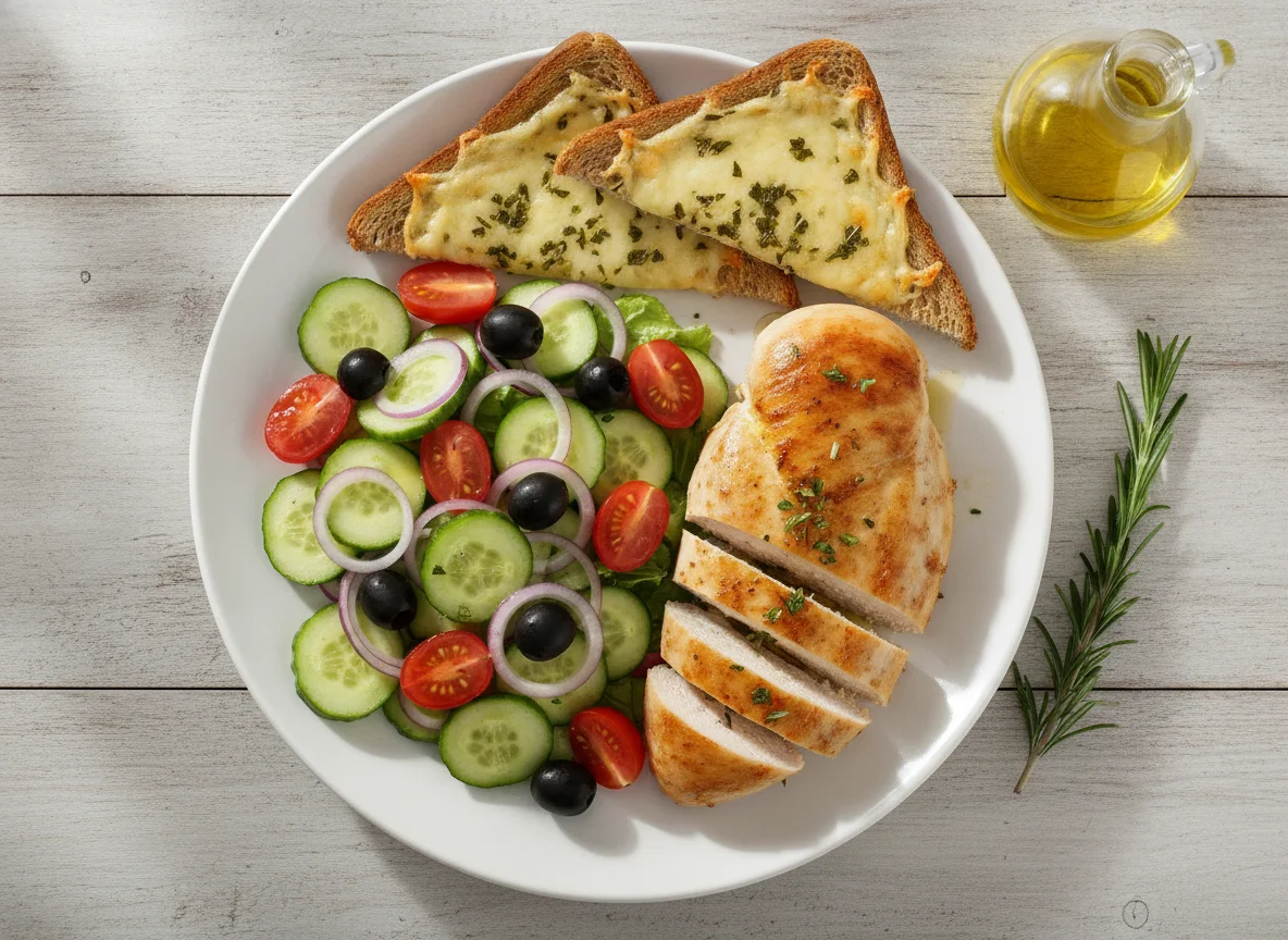 Chicken with salad and cheese toast photo
