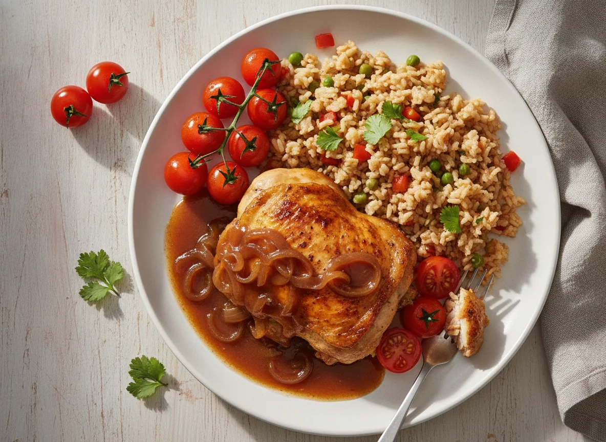 Chicken with Savoury Rice and Cherry Tomatoes photo