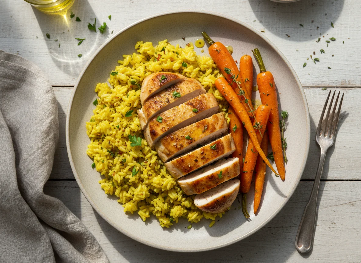 Chicken with seasoned rice and carrots photo