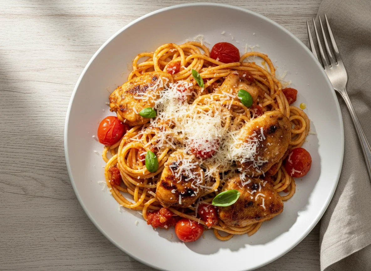 Chicken with Spaghetti, Tomato, and Cheese photo