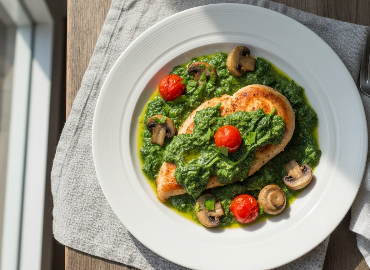 Chicken with Spinach Beer Sauce, Mushrooms and Cherry Tomatoes photo