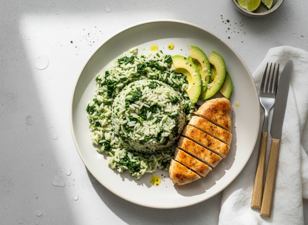 Chicken with Spinach Rice and Avocado photo