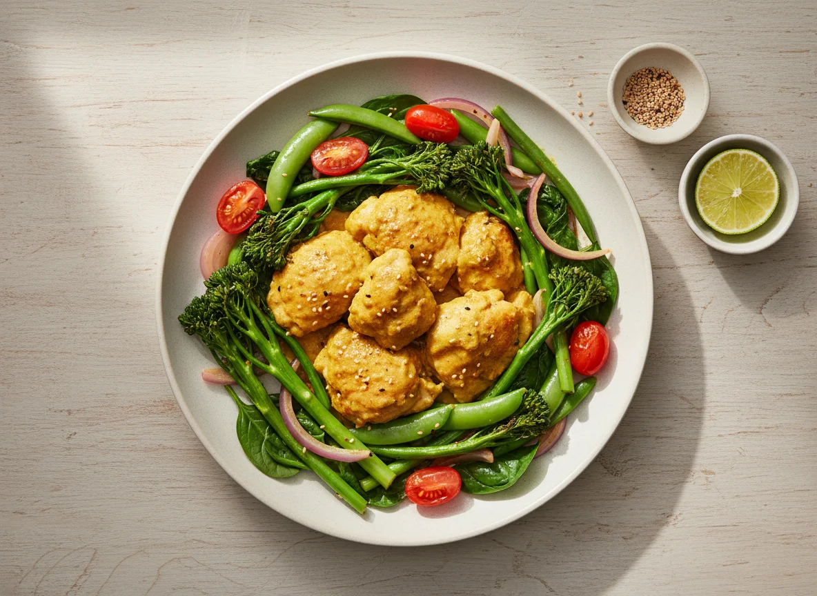 Chicken with stir-fried vegetables and broccoli photo