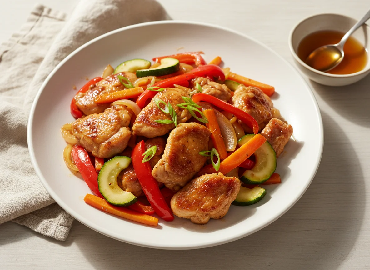 Chicken with stir-fried vegetables photo