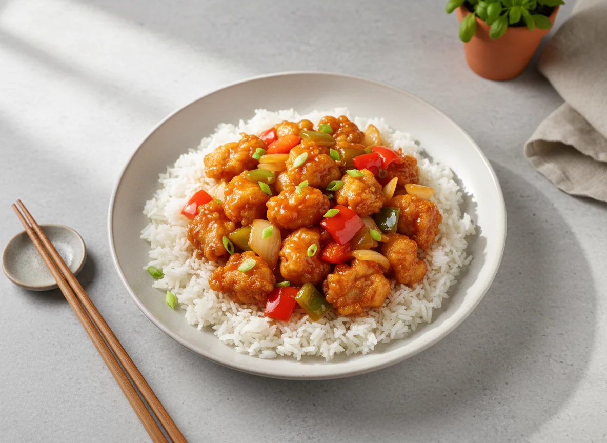 Chicken with Sweet and Sour Sauce on Rice photo