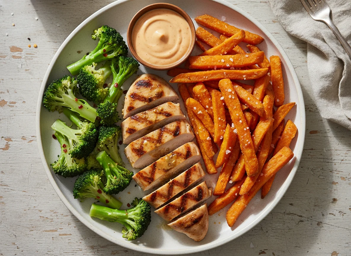 Chicken with Sweet Potato Fries and Broccoli photo