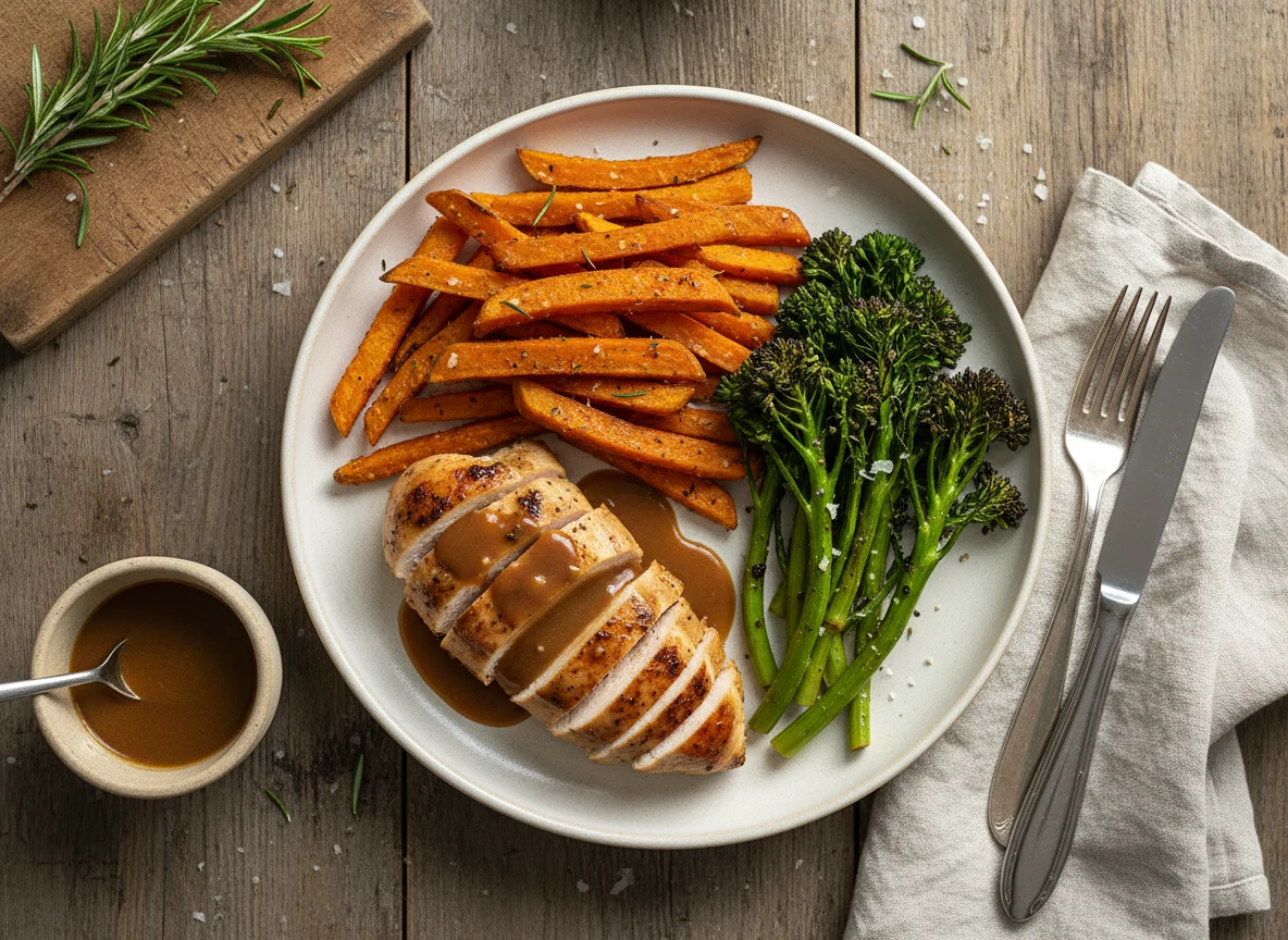 Chicken with Sweet Potato Fries and Broccolini photo