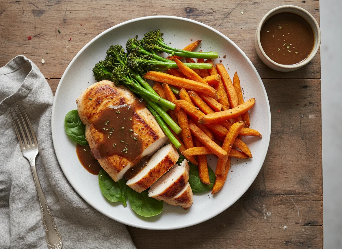 Chicken with Sweet Potato Fries, Broccolini, and Gravy photo
