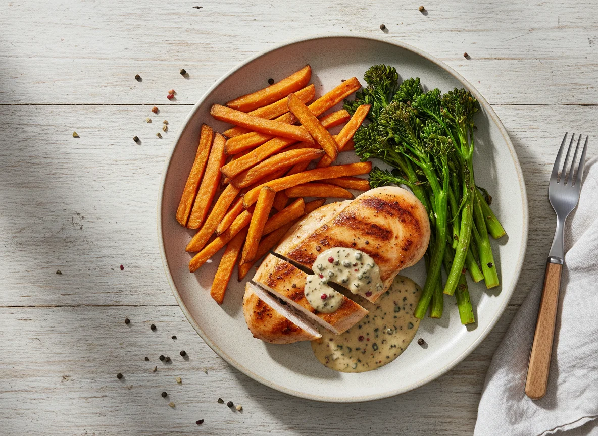 Chicken with Sweet Potato Fries, Broccolini and Peppercorn Sauce photo