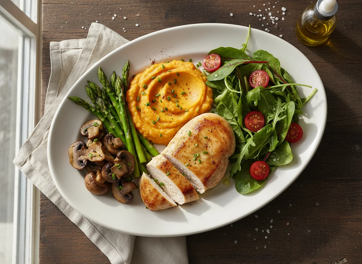 Chicken with Sweet Potato Mash and Vegetables photo