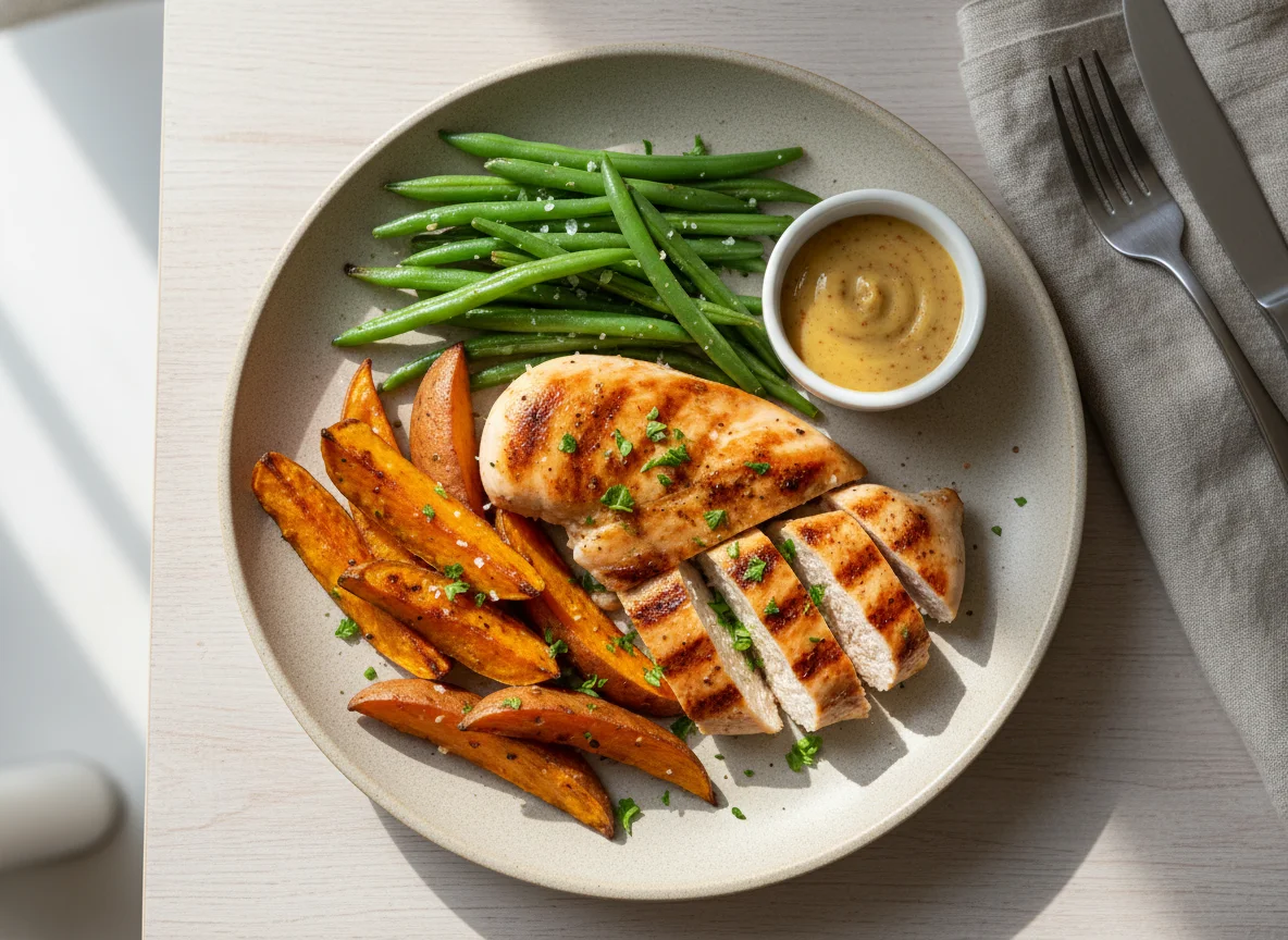 Chicken with Sweet Potato Wedges and Green Beans photo