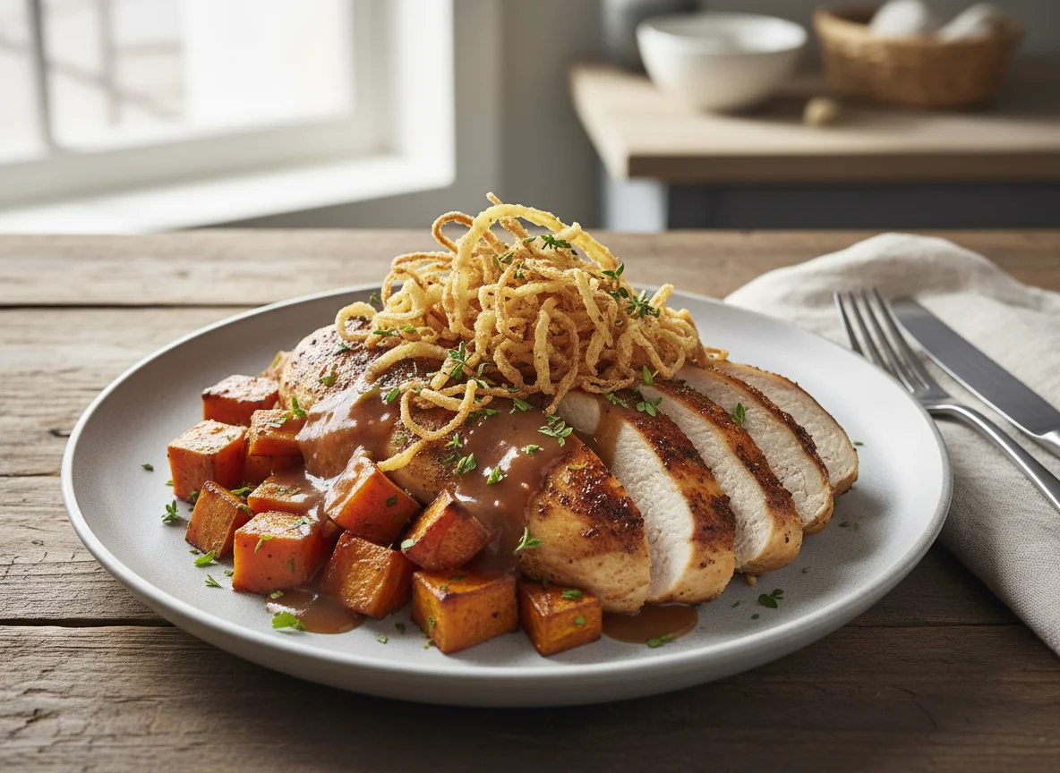 Chicken with Sweet Potatoes and Crispy Onions photo