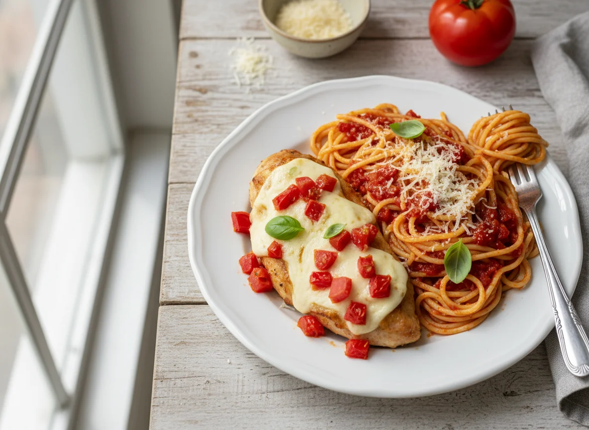 Chicken with Tomato and Cheese, served with Spaghetti and Tomato Sauce photo
